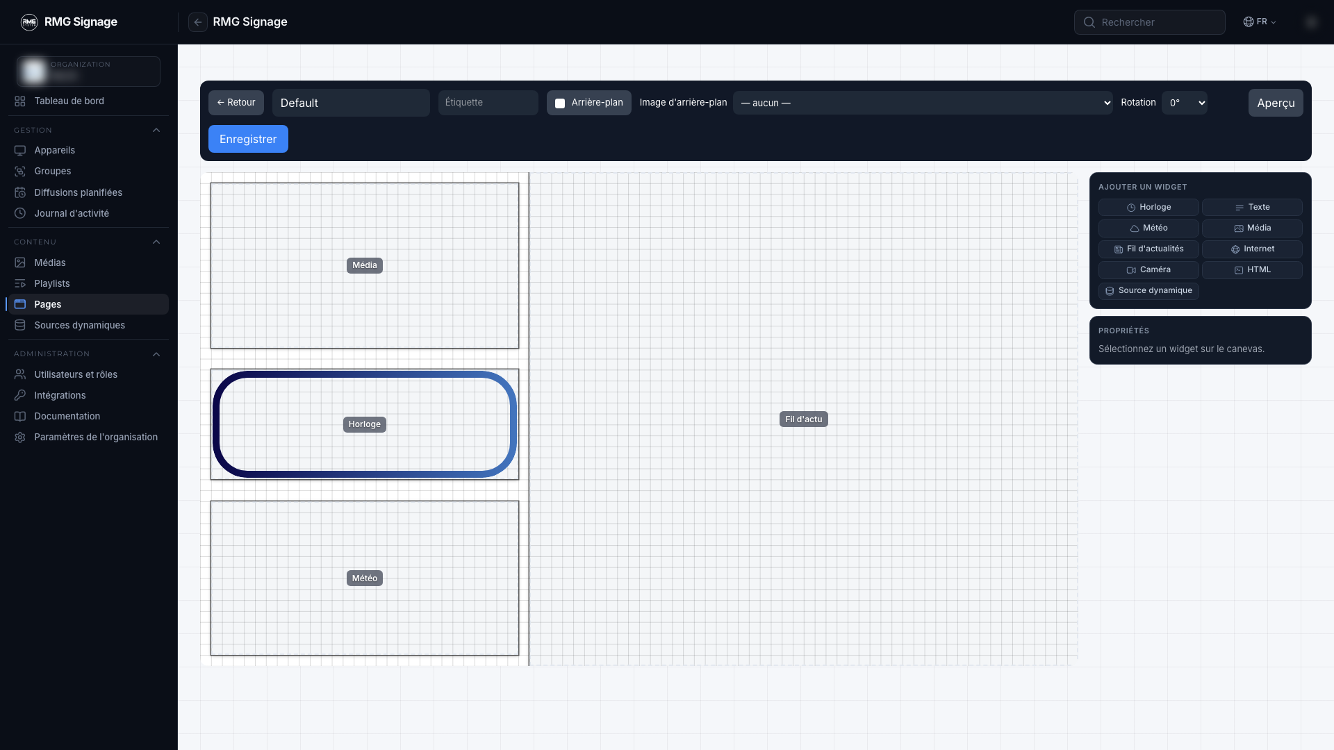 Éditeur de page multi-zones RMG Signage avec widgets média, horloge, météo et fil d’actualité